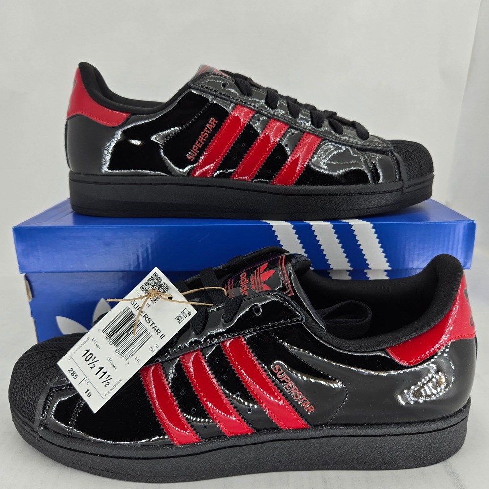 Adidas Superstar II Black Red Patent Leather Shell Toe Sneakers KJ3262 Mens 10.5